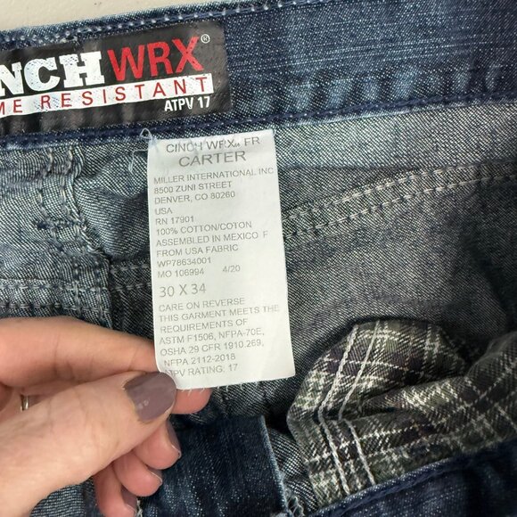 Cinch Carter FR Flame Resistant WRX Cotton Denim Blue Jeans Mens size 30x34 - Picture 5 of 10